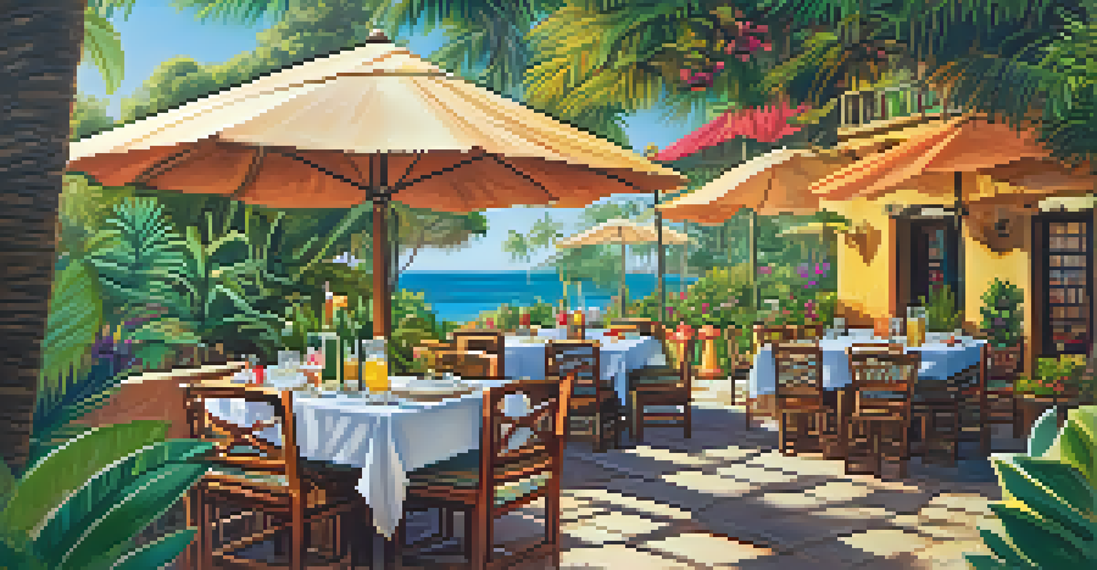 A cozy outdoor dining scene at Casa de Tereza, featuring a table with Bahian dishes and drinks, surrounded by greenery and vibrant decorations.