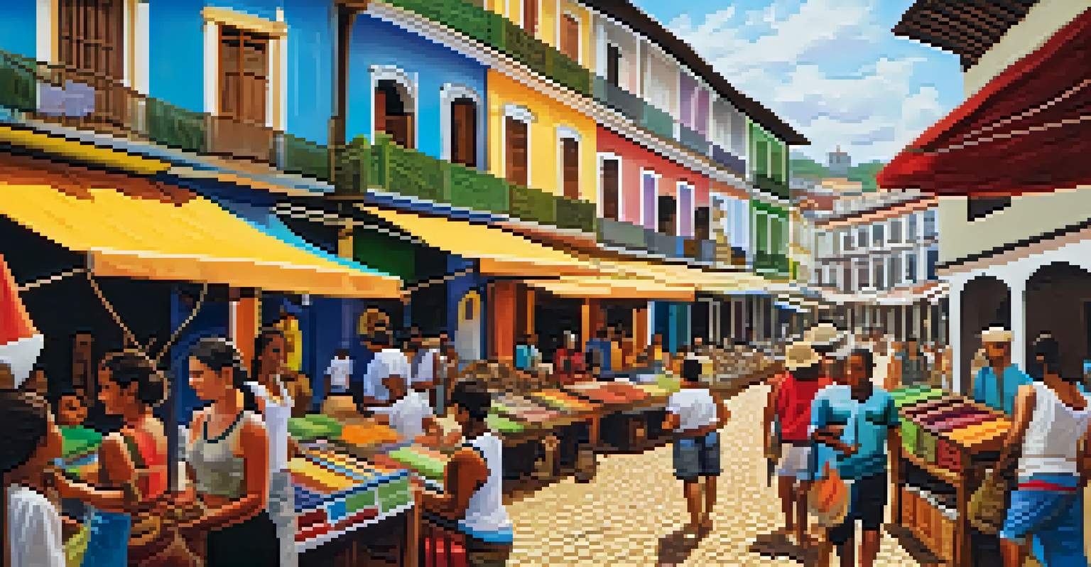 An artisan market in Salvador with local craftsmen and colorful colonial-style buildings in the background.