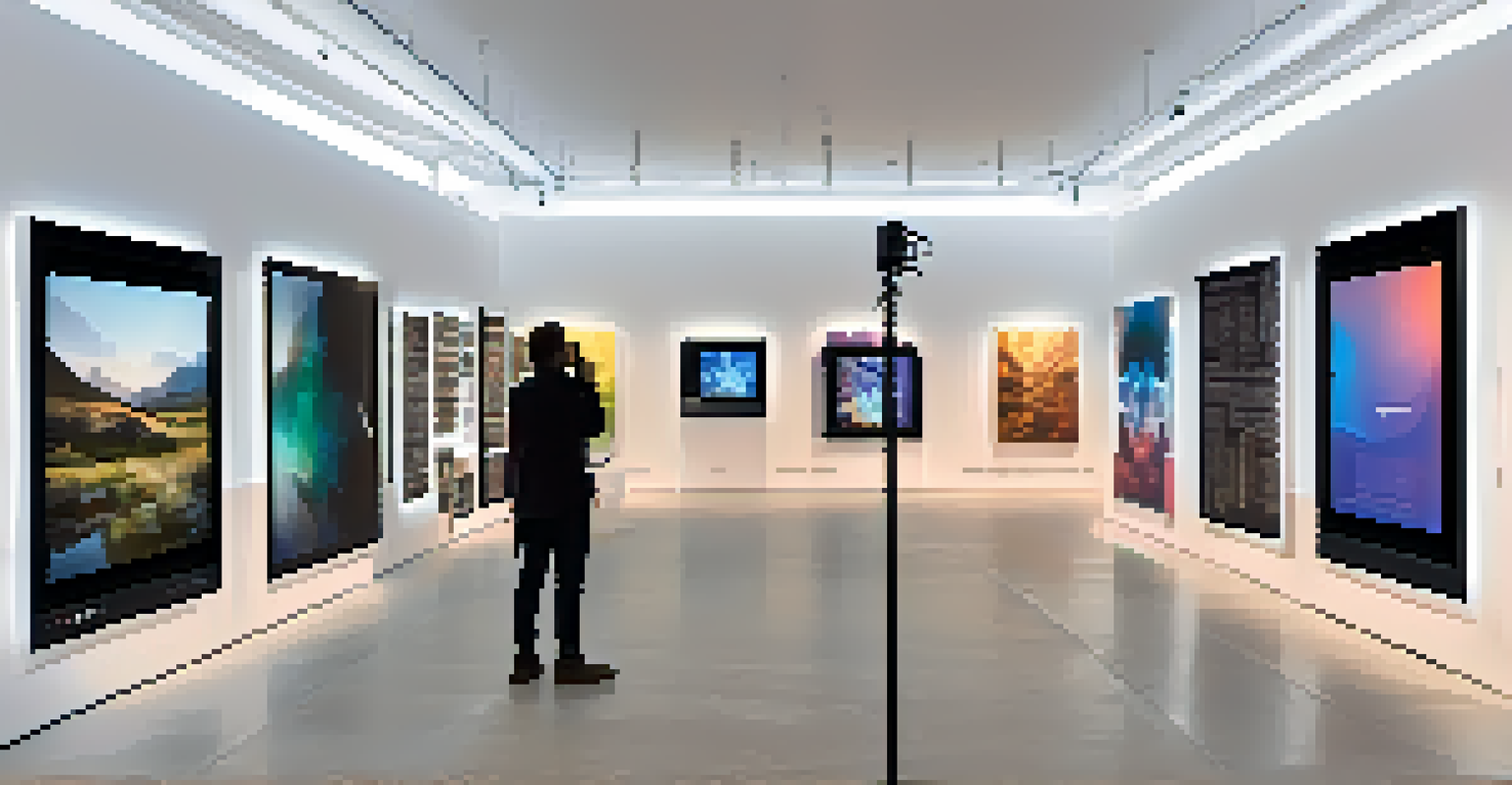 A digital art exhibition in a community gallery with visitors engaging with interactive art on large screens and QR codes on the walls.