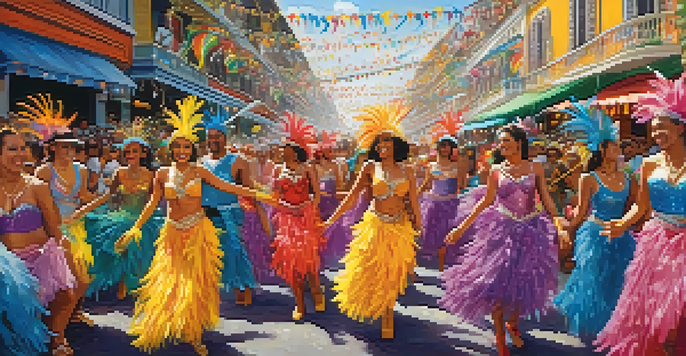 A colorful samba parade with dancers in elaborate costumes during Brazilian Carnival, surrounded by lively spectators and confetti in the air.