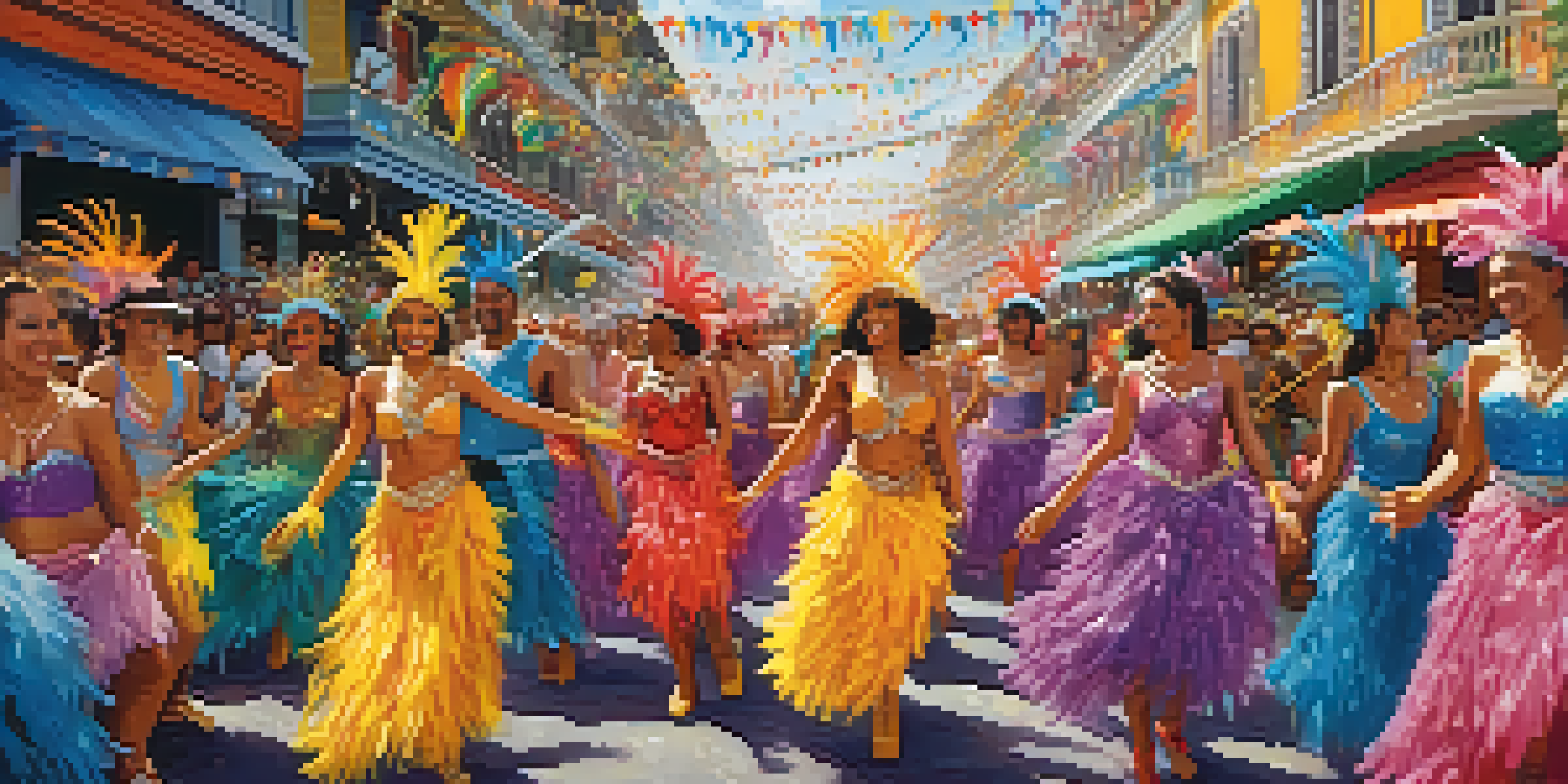 A colorful samba parade with dancers in elaborate costumes during Brazilian Carnival, surrounded by lively spectators and confetti in the air.