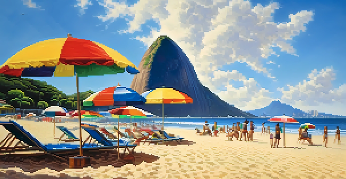 A sunny beach in Rio de Janeiro with colorful umbrellas and beachgoers, Sugarloaf Mountain in the background.