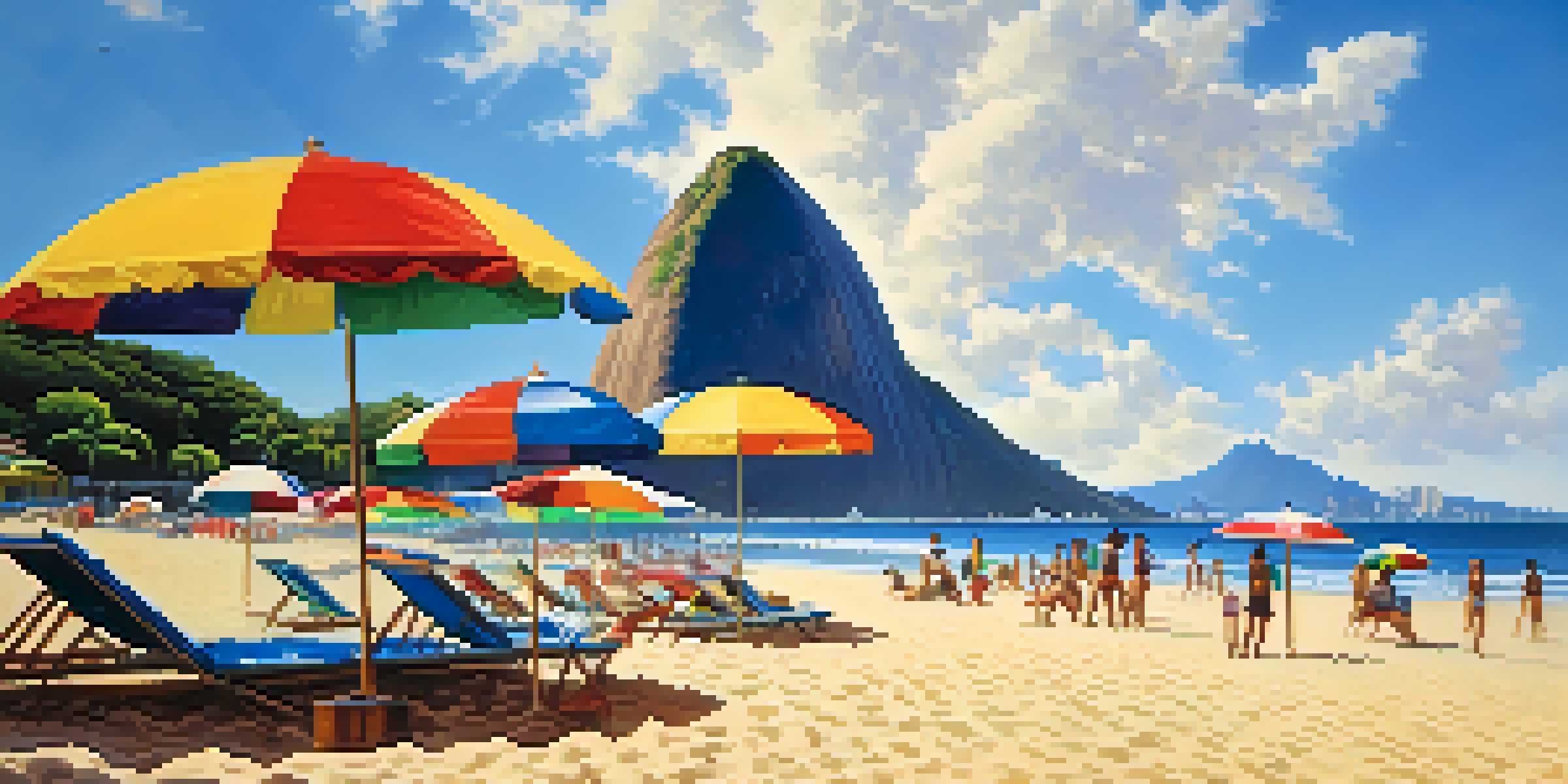 A sunny beach in Rio de Janeiro with colorful umbrellas and beachgoers, Sugarloaf Mountain in the background.