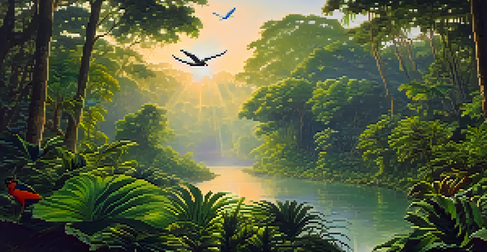 A vibrant Amazon rainforest at sunrise with green trees and colorful birds, sunlight filtering through leaves.