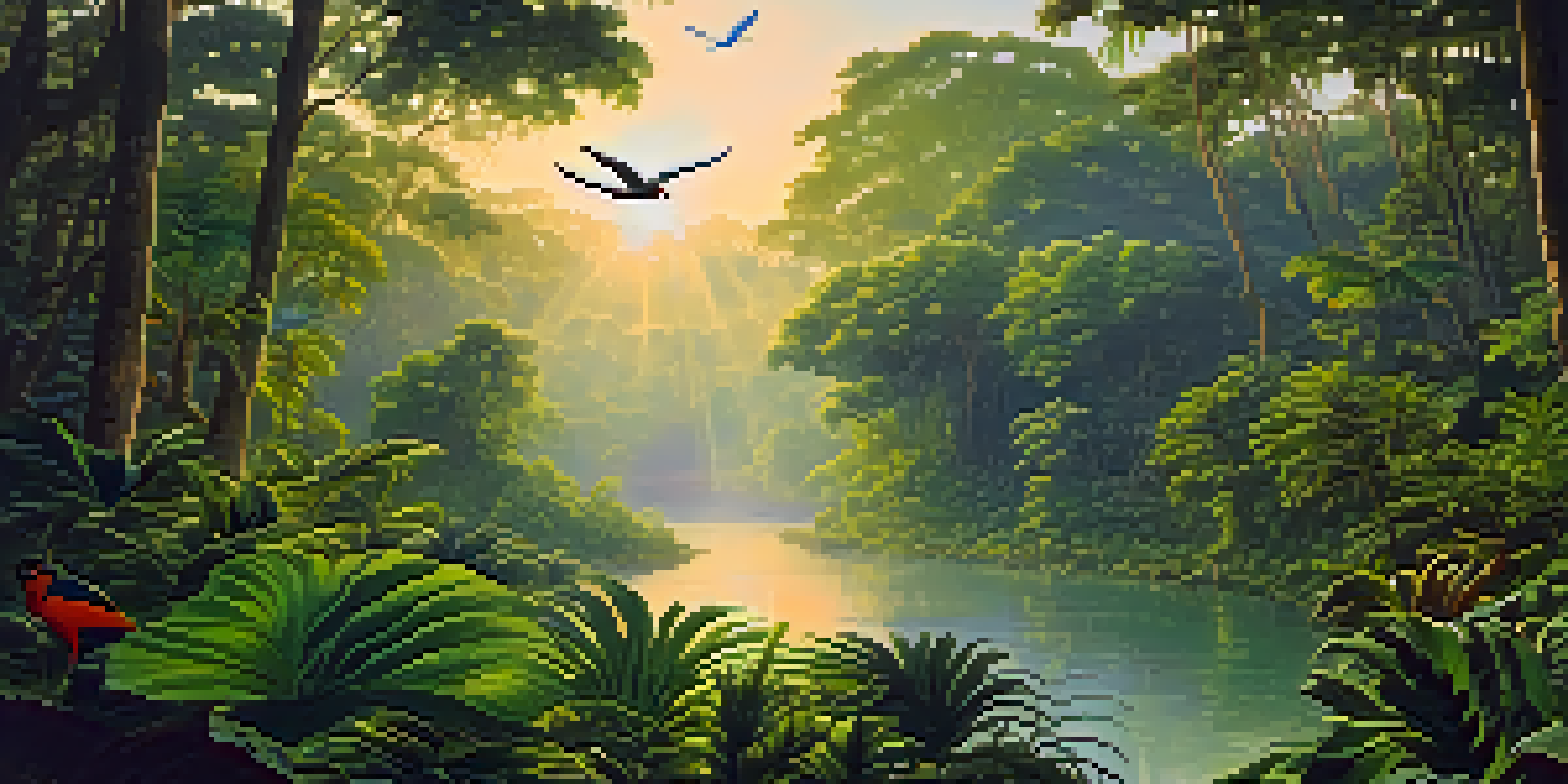 A vibrant Amazon rainforest at sunrise with green trees and colorful birds, sunlight filtering through leaves.