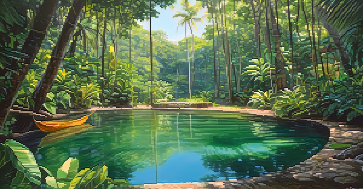 A tranquil natural pool in the Brazilian jungle with hammocks and blooming flowers.