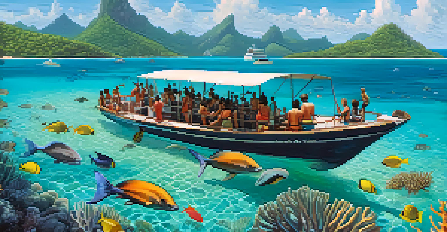 A group of tourists on a boat preparing for a snorkeling tour in Brazil's turquoise waters, with coral reefs visible below.