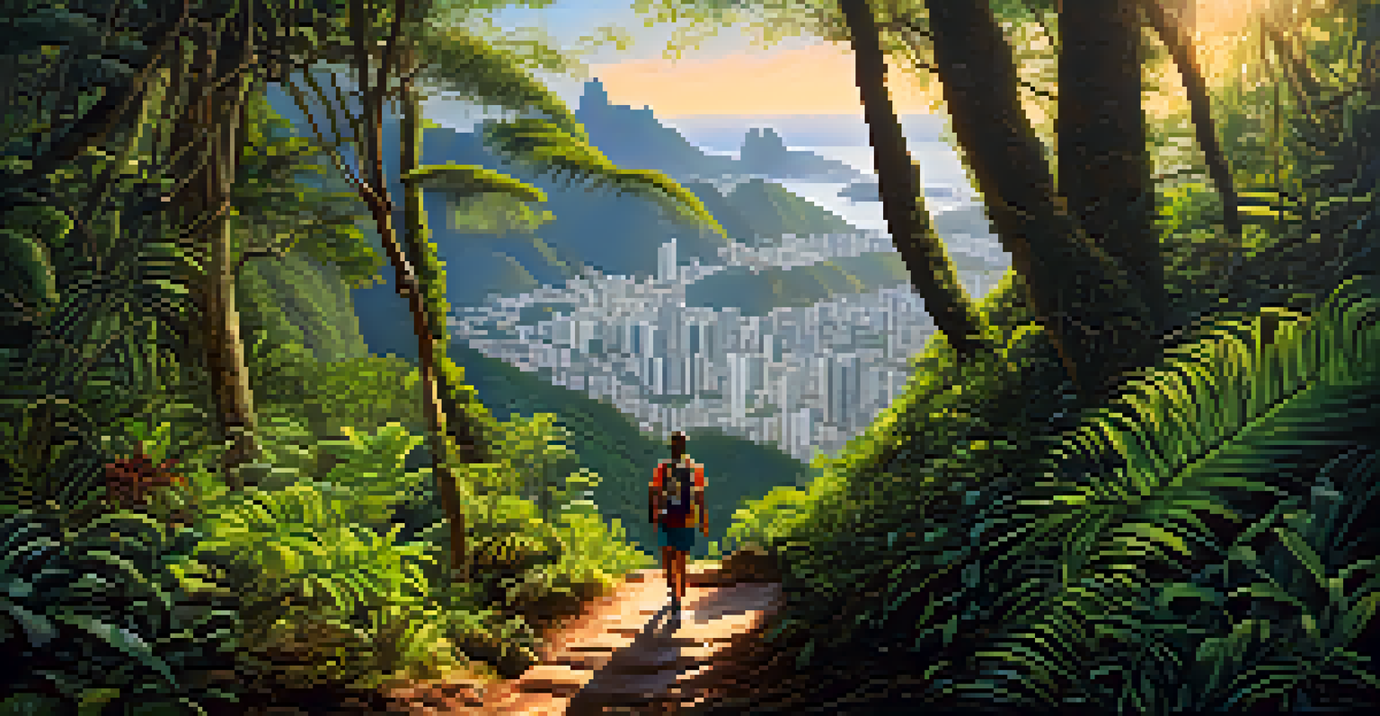 A hiker climbs the Pico da Tijuca trail, surrounded by lush rainforest and glimpses of Rio de Janeiro's skyline in the distance.