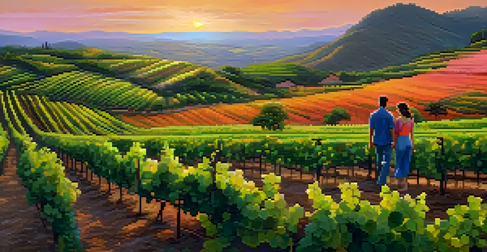 A couple walking through a beautiful vineyard in Brazil at sunset, with rolling hills and colorful sky.