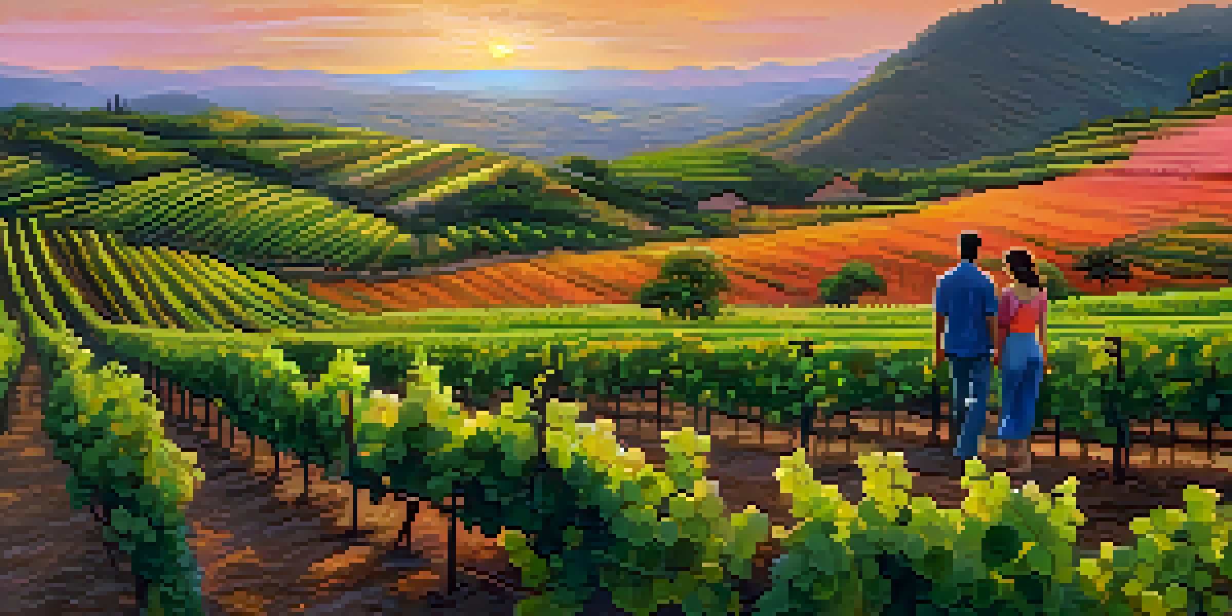 A couple walking through a beautiful vineyard in Brazil at sunset, with rolling hills and colorful sky.