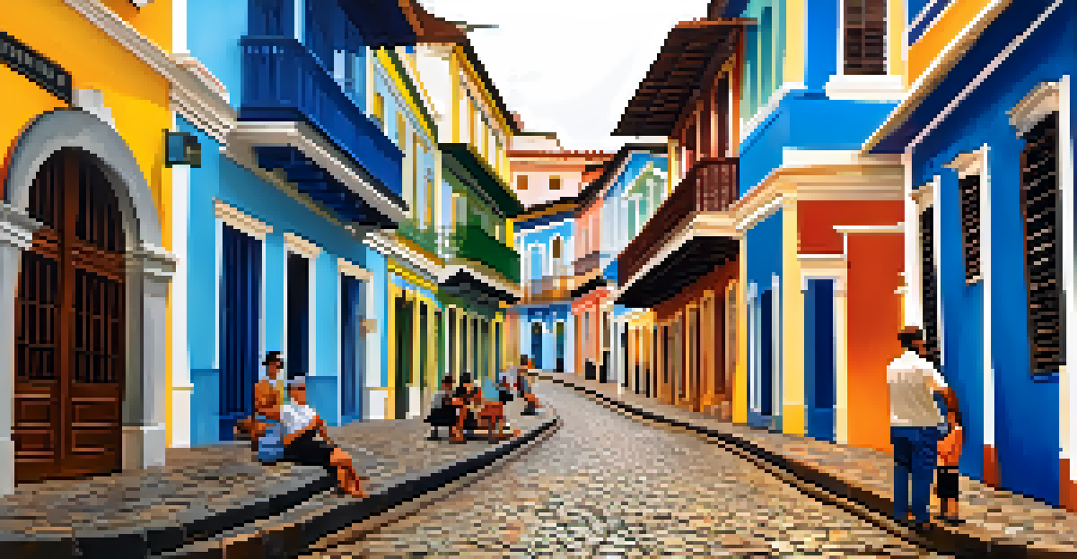 A colorful street scene in Pelourinho with artists and musicians performing among historic buildings.