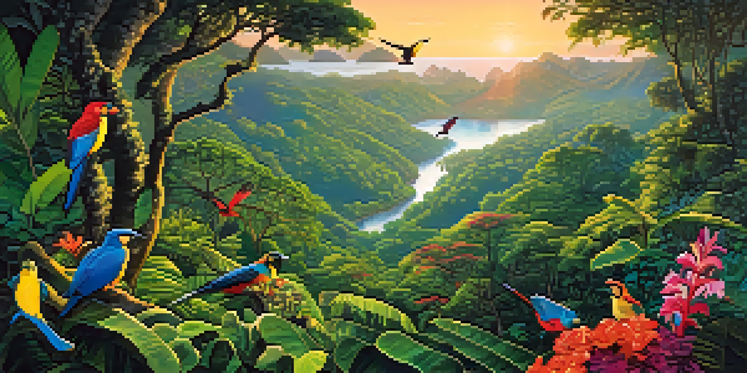 A vibrant sunrise illuminating the dense greenery of Brazil's Atlantic Forest with colorful birds among the trees.