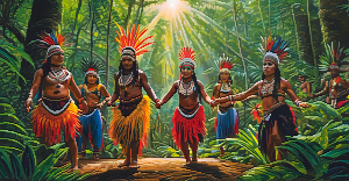 Indigenous Tikuna tribe members dancing in the Amazon rainforest, wearing colorful traditional attire and body paint, with sunlight filtering through the trees.