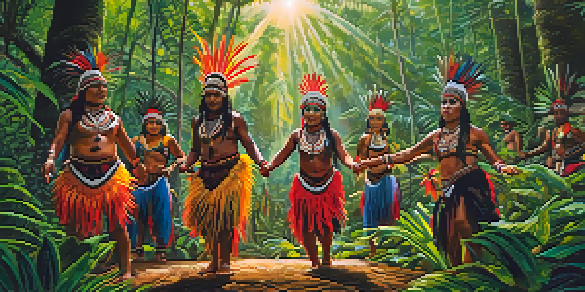 Indigenous Tikuna tribe members dancing in the Amazon rainforest, wearing colorful traditional attire and body paint, with sunlight filtering through the trees.
