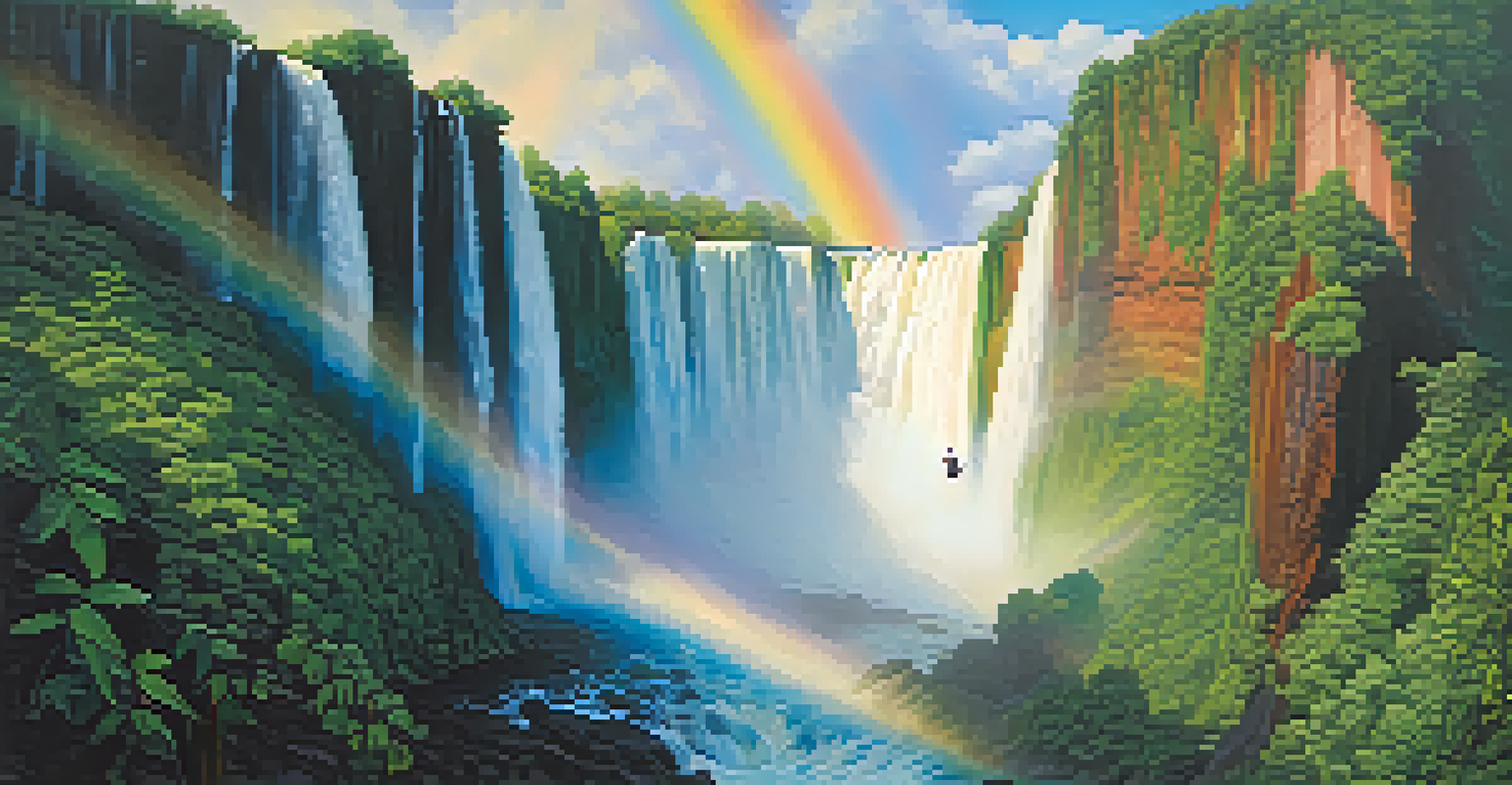 A person ziplining over Iguazu Falls, with waterfalls and green landscapes in the background.
