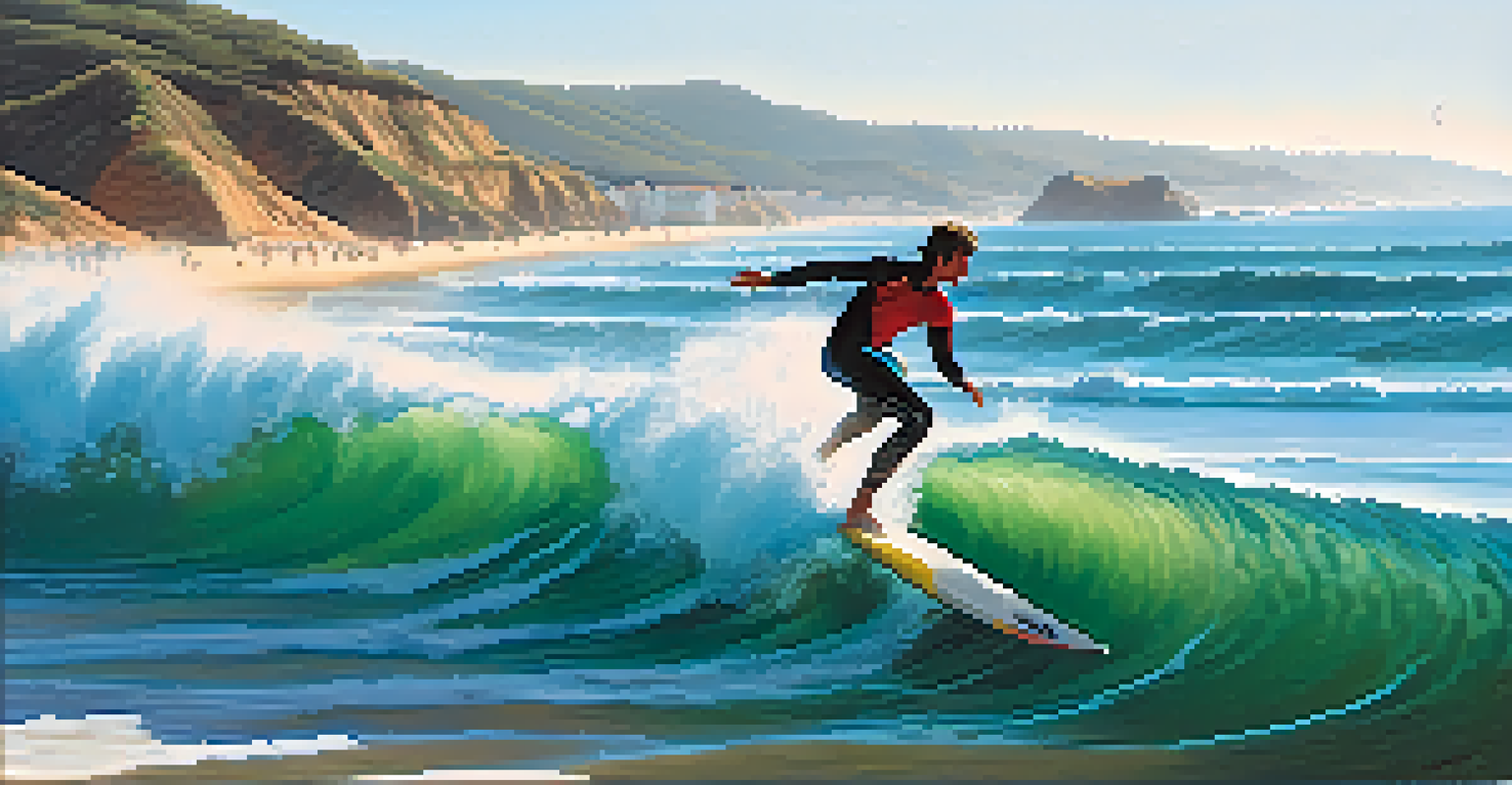 A surfer riding a wave at Praia da Joaquina beach, with golden sand and clear blue skies.