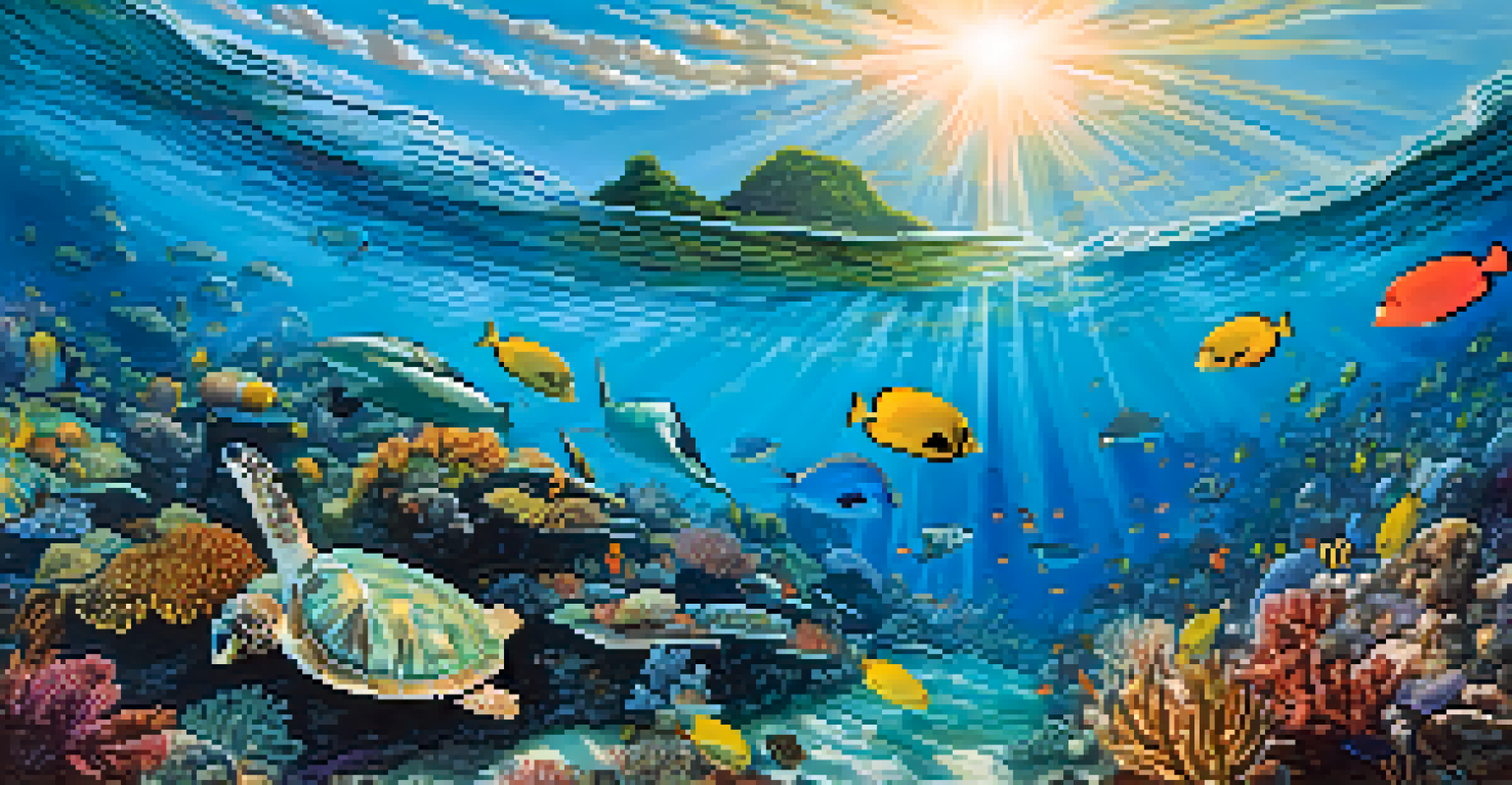 An underwater view of Fernando de Noronha showing coral reefs, sea turtles, and tropical fish in crystal-clear waters.