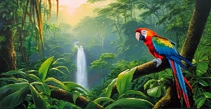 A colorful parrot perched on a branch in the Amazon rainforest at dawn, surrounded by vibrant green foliage and mist.