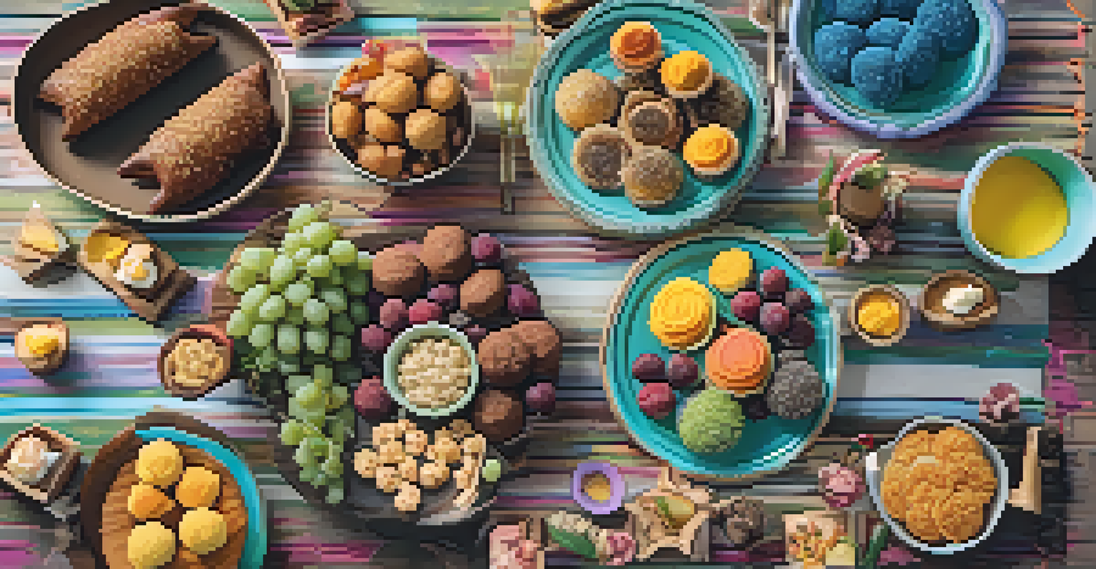 An overhead view of a table filled with various Brazilian snacks like Brigadeiro, Pastel, and Bolinho de Bacalhau, arranged in a festive display.