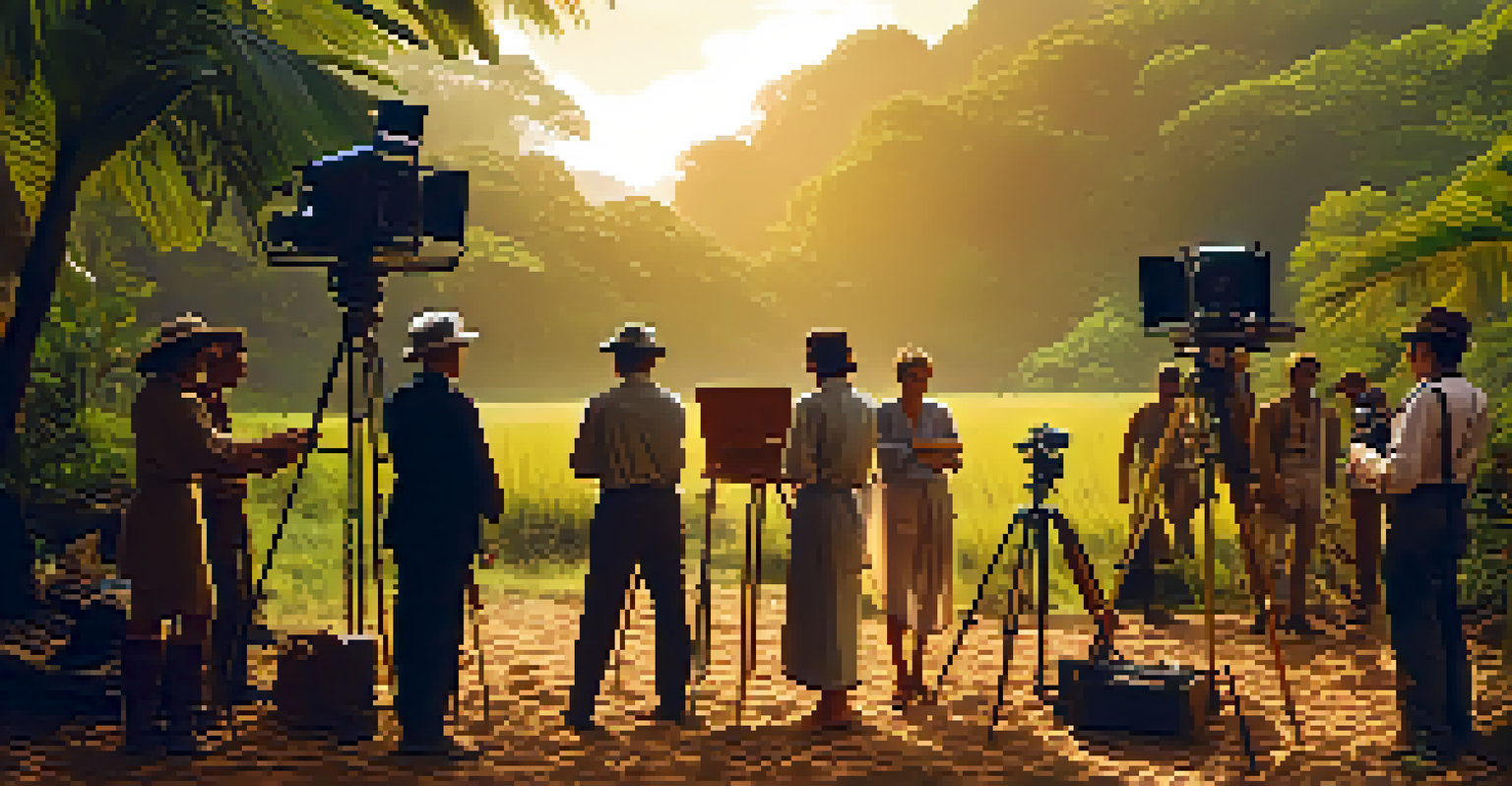 A film set inspired by Cinema Novo, featuring a director and crew in a lush Brazilian landscape, capturing a scene with warm golden light.