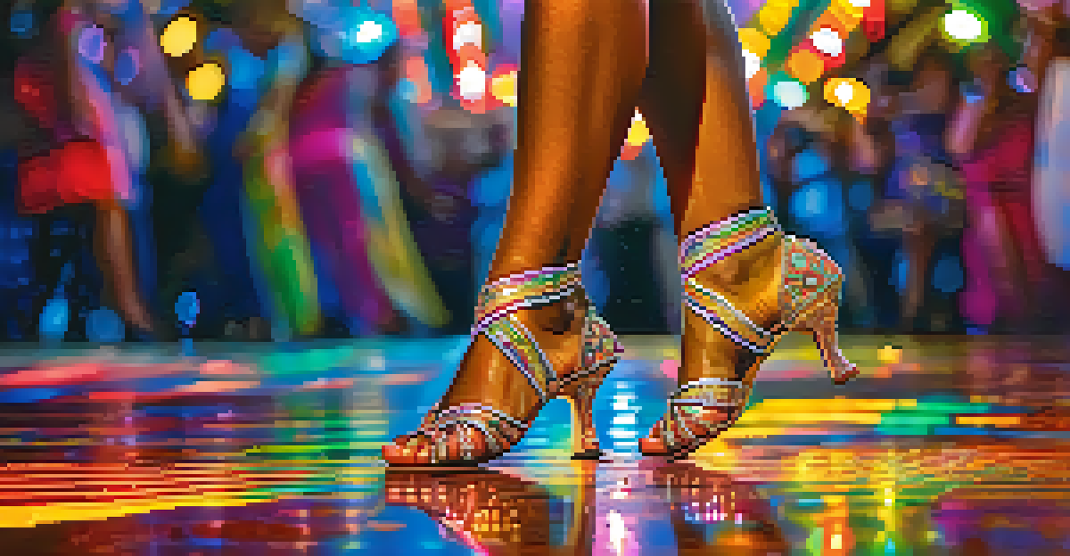 A close-up view of a samba dancer's feet in sparkling shoes, with a vibrant costume and colorful lights in the background.