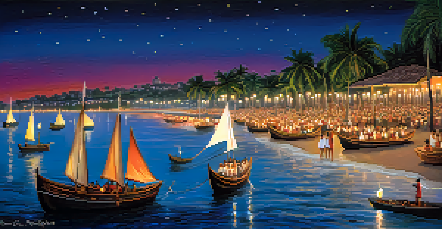 A serene night scene of the Festa de Iemanjá with candle-lit boats and participants dressed in white offering flowers to the sea.