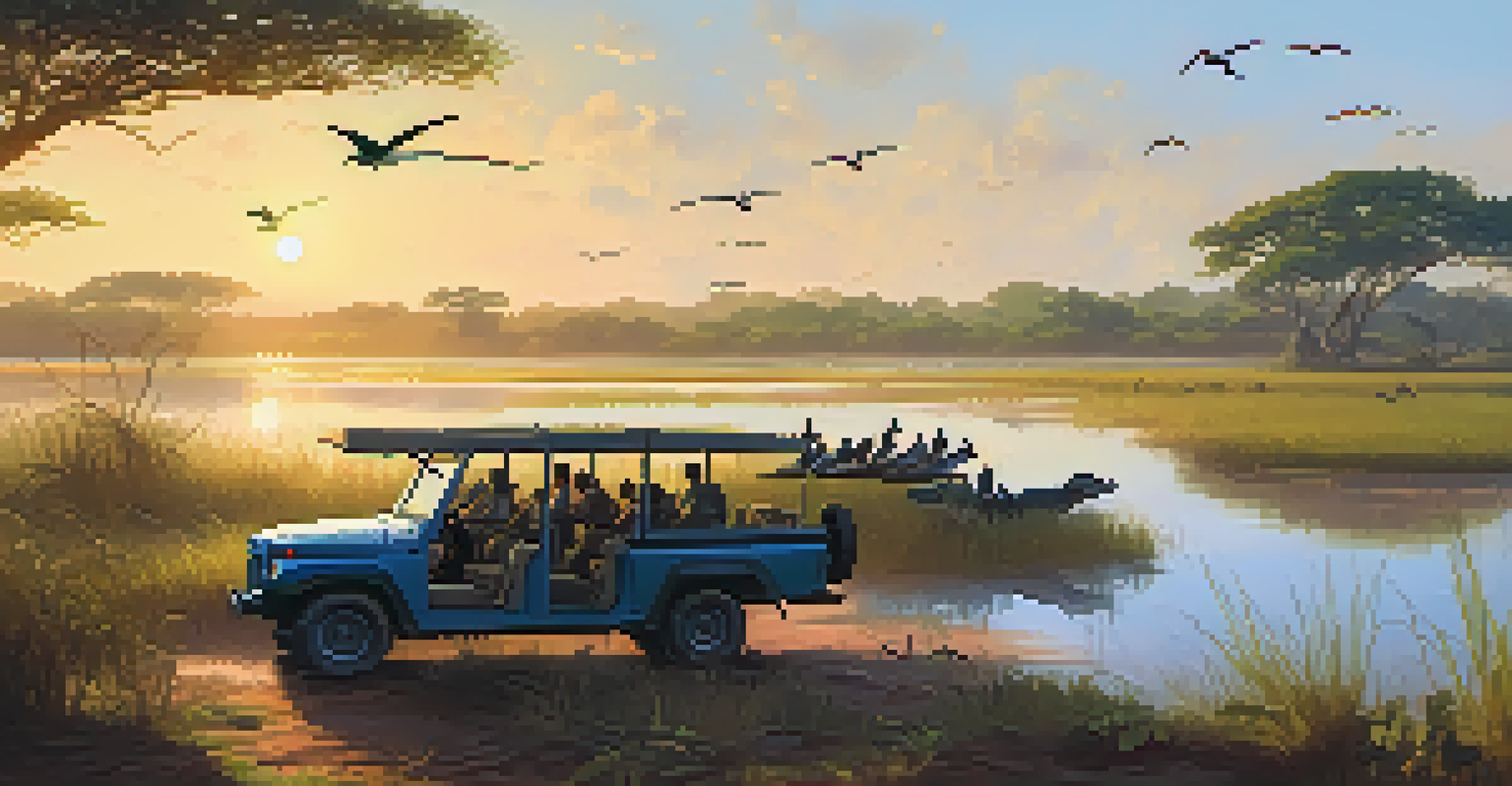 A safari vehicle in the Pantanal wetlands at sunrise, with basking caimans and birds flying overhead in a lush landscape.