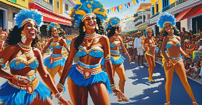 A lively Carnival scene with samba dancers in colorful costumes and traditional Bahian architecture in the background.