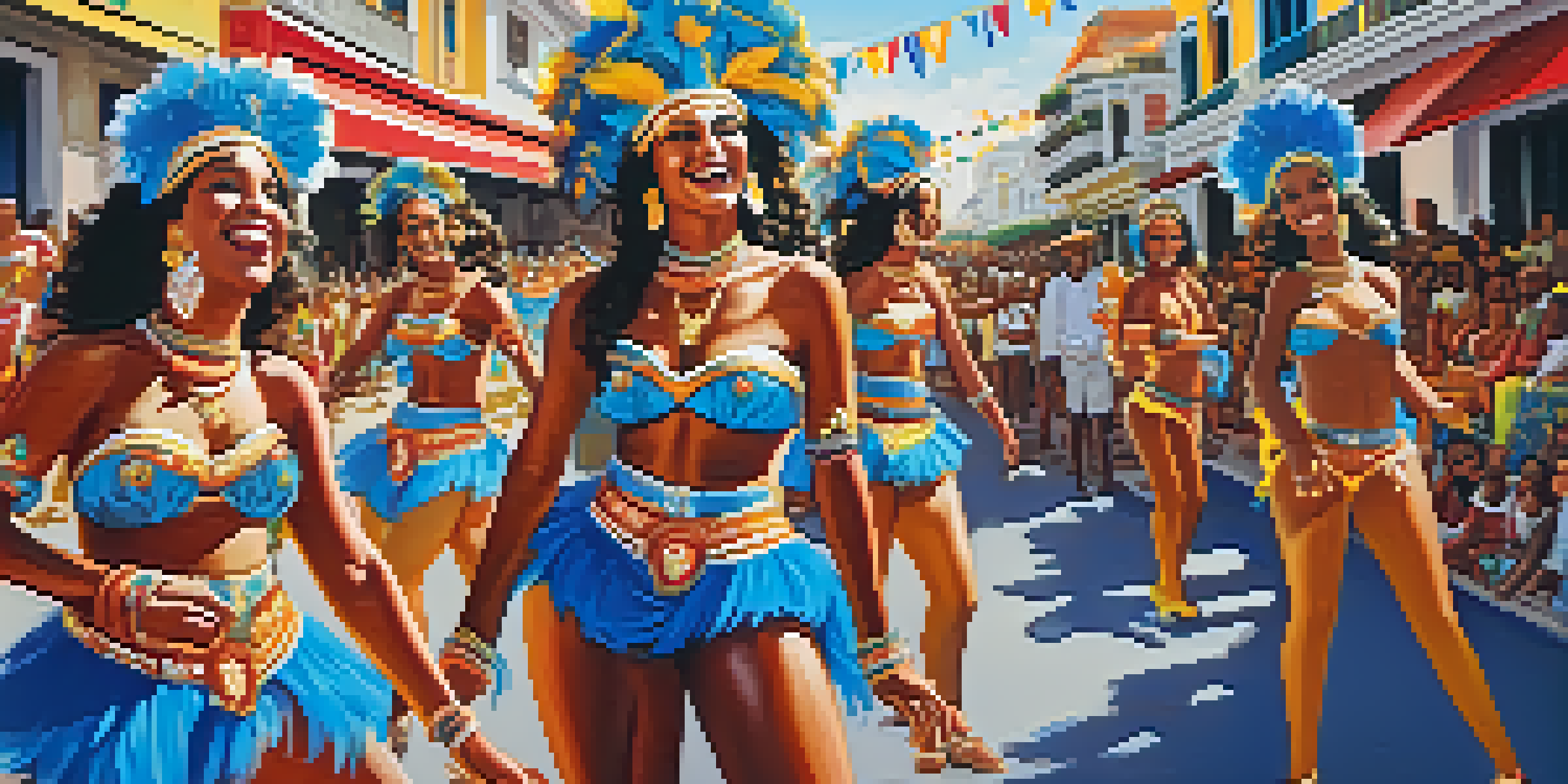 A lively Carnival scene with samba dancers in colorful costumes and traditional Bahian architecture in the background.