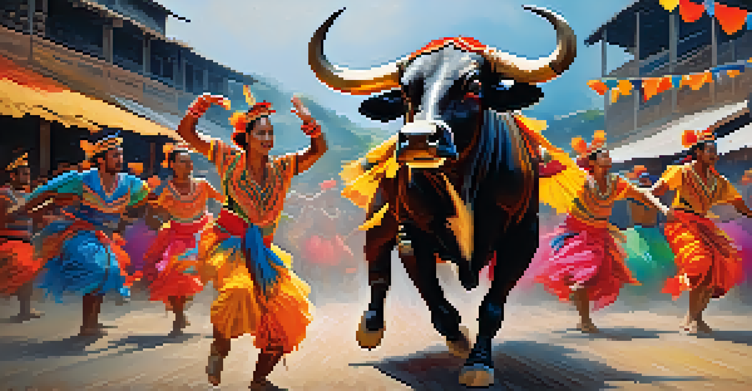 Dancers in colorful costumes performing a dynamic dance at the Bumba Meu Boi festival, showcasing movement and energy.