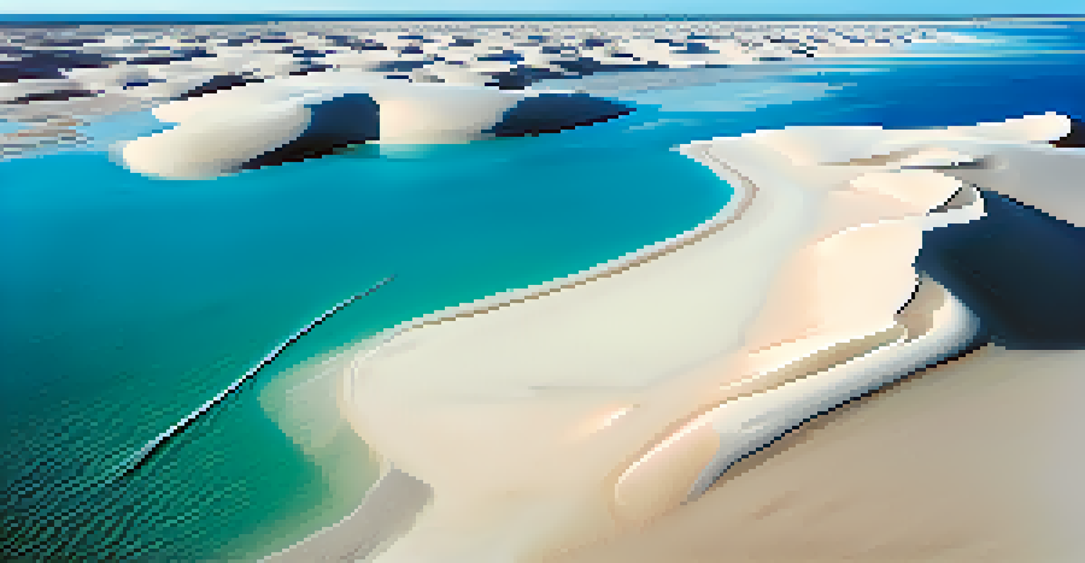 An aerial view of Lençóis Maranhenses National Park, featuring white sand dunes and clear lagoons under a blue sky.