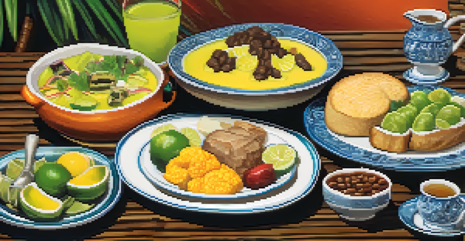 A festive dining table set with traditional Brazilian dishes and drinks, surrounded by people enjoying a communal meal together.