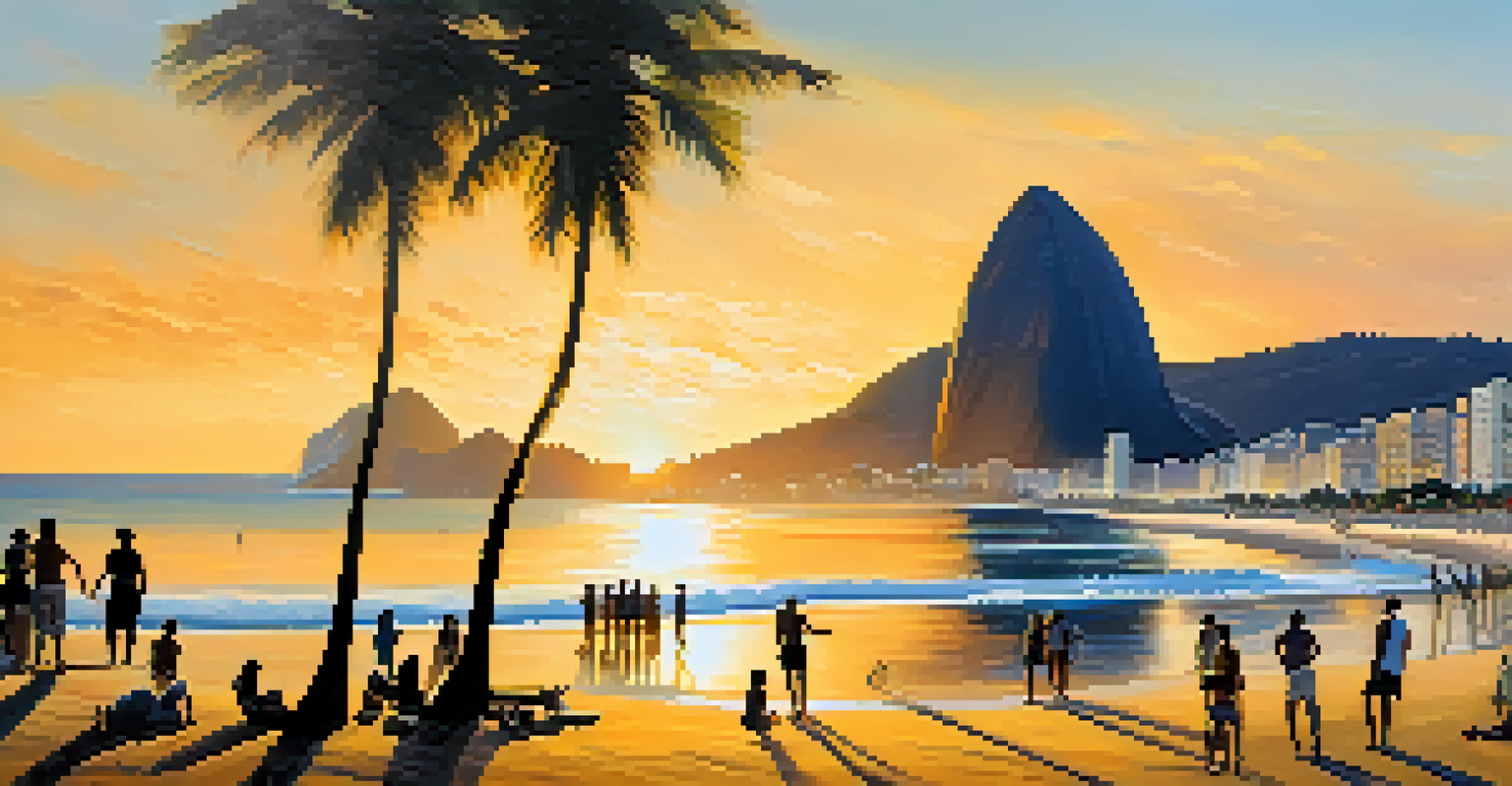 A stunning sunset view of Copacabana Beach in Rio de Janeiro, featuring silhouettes of people and Sugarloaf Mountain.