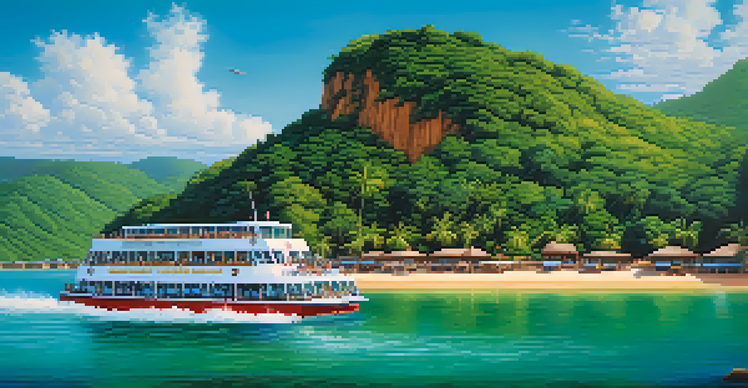 A ferry traveling across turquoise waters near a beautiful island in Brazil, with passengers enjoying the view and sandy beaches in the background.