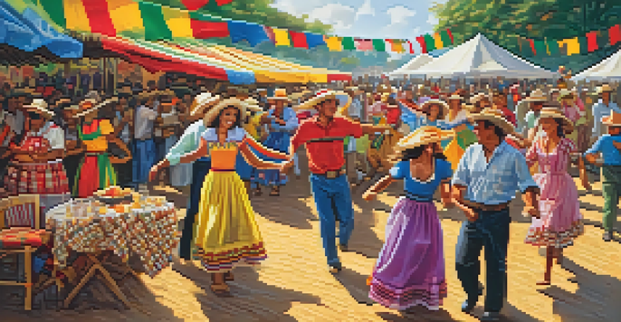 A festive outdoor scene of Festa Junina in Brazil, with people dancing traditional folk dances, colorful decorations, and food stalls.