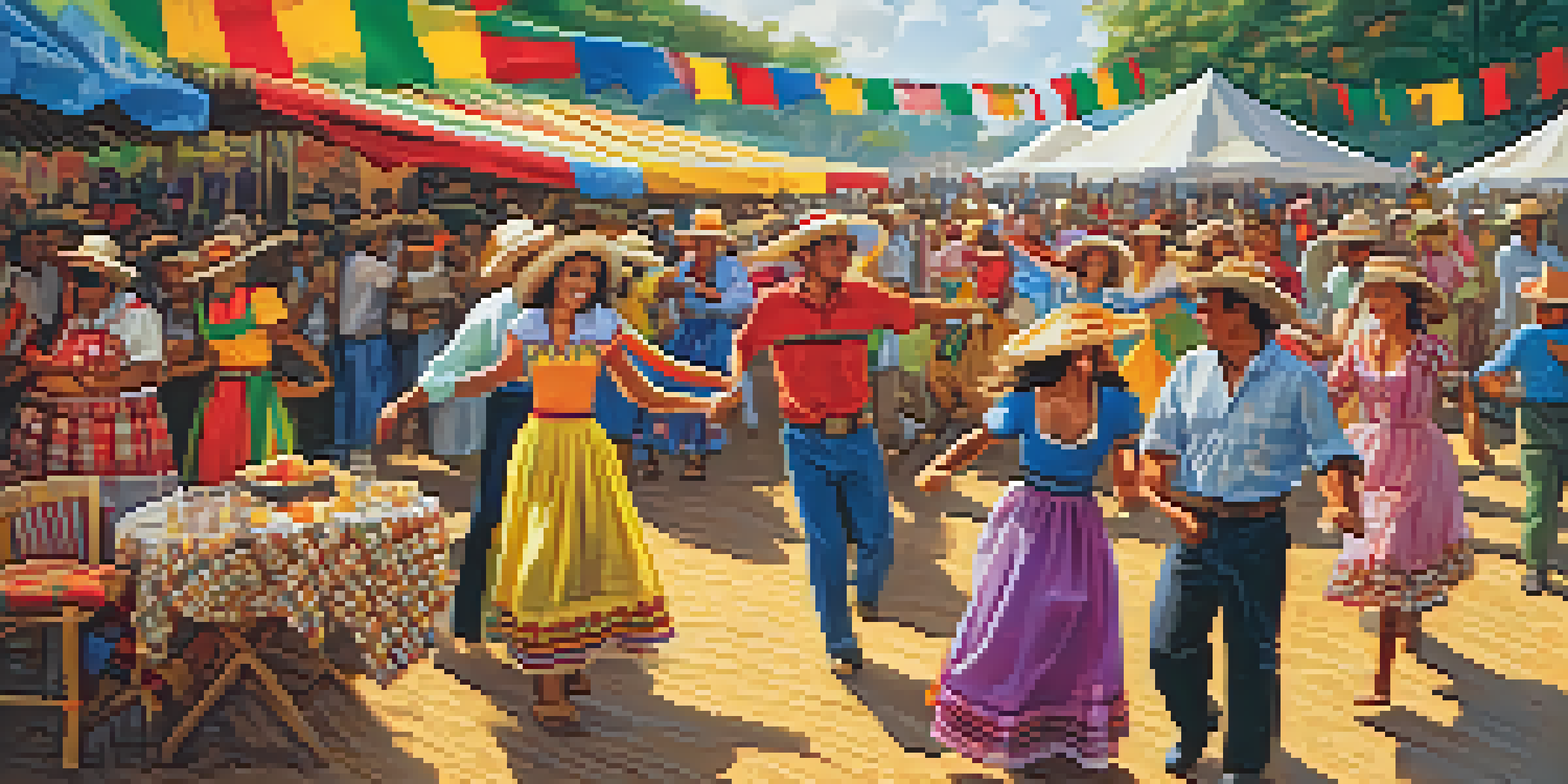 A festive outdoor scene of Festa Junina in Brazil, with people dancing traditional folk dances, colorful decorations, and food stalls.