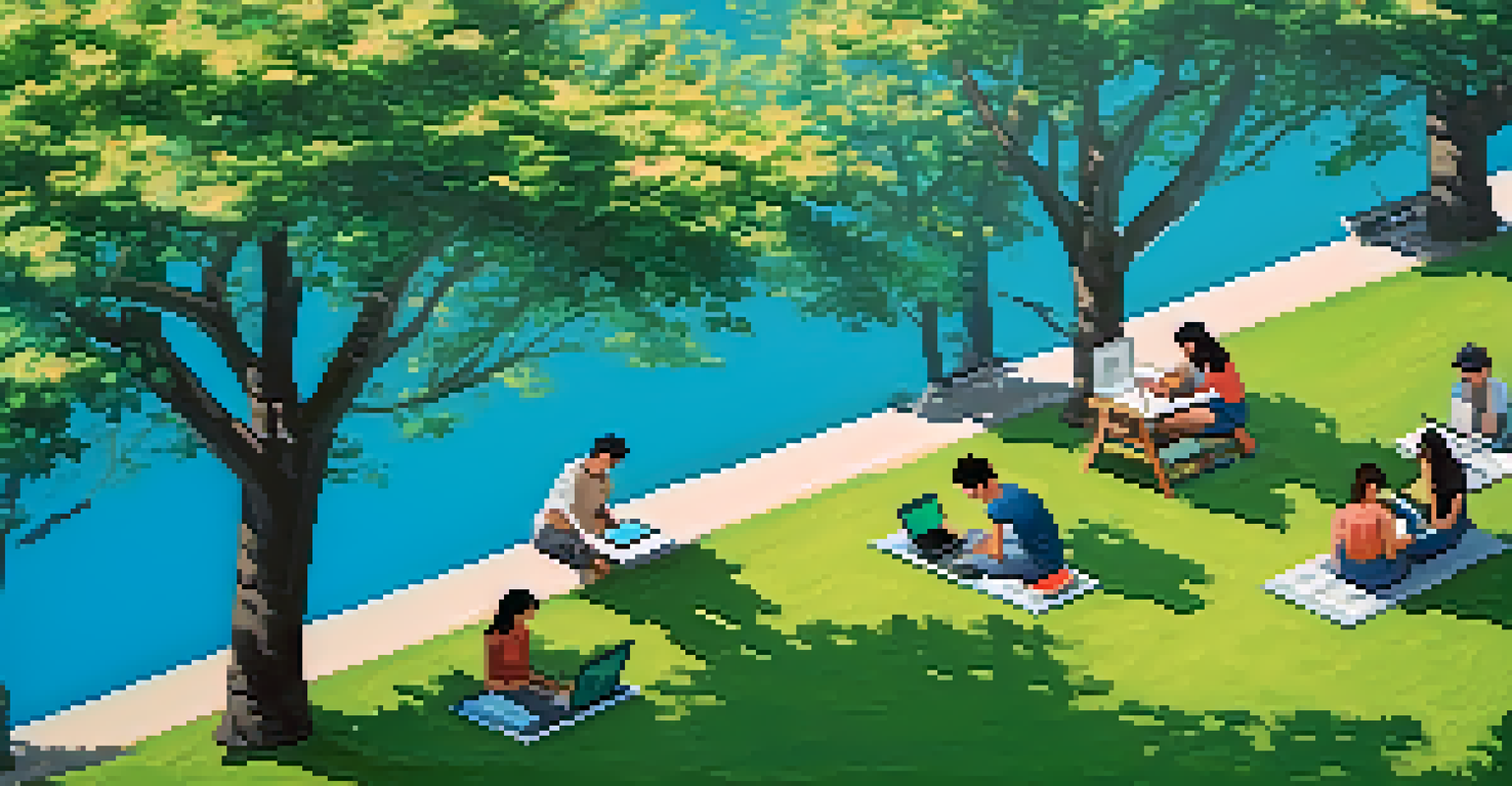 Aerial view of a public park in Brazil with people using laptops and smartphones, surrounded by blooming flowers and greenery under a blue sky.