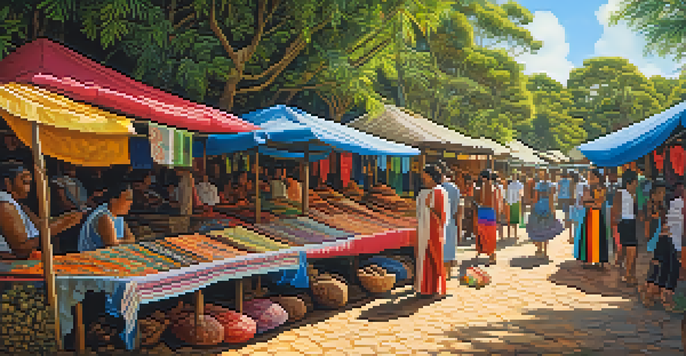 A lively Indigenous craft market in Brazil with colorful textiles and artisans at work, surrounded by nature.