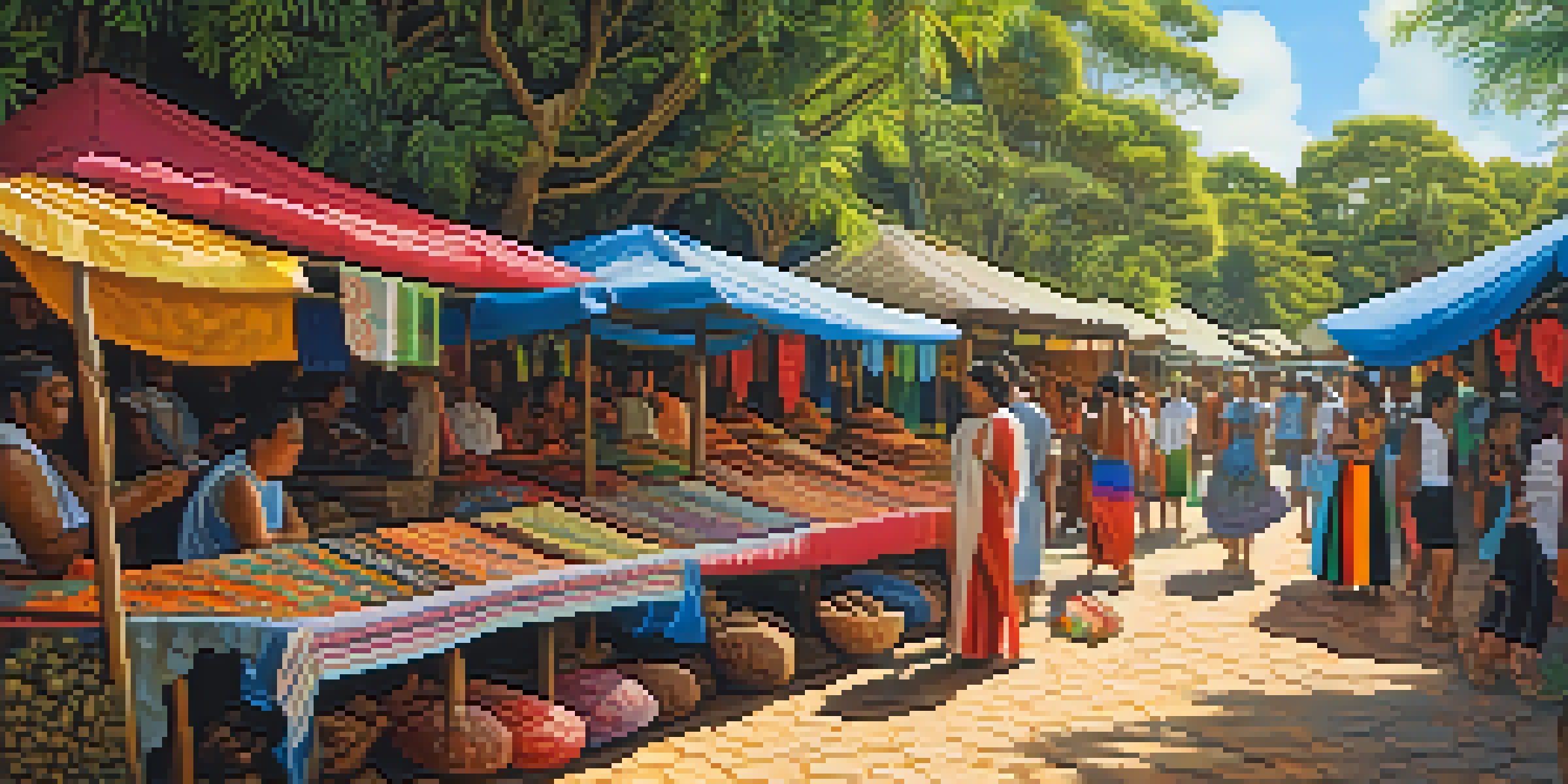 A lively Indigenous craft market in Brazil with colorful textiles and artisans at work, surrounded by nature.