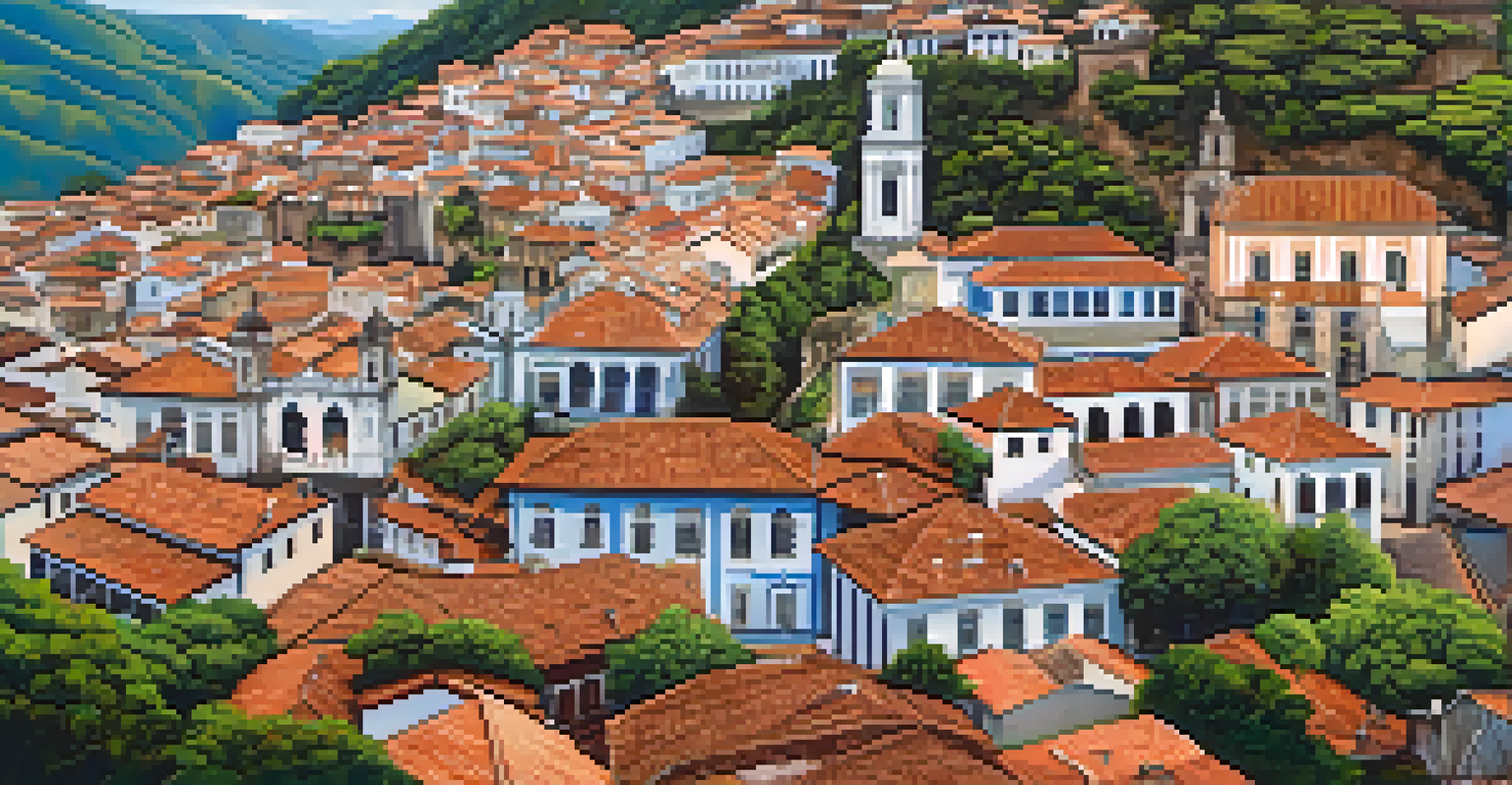 An aerial view of Ouro Preto, highlighting Baroque architecture, cobblestone streets, and surrounding green hills under a clear blue sky.