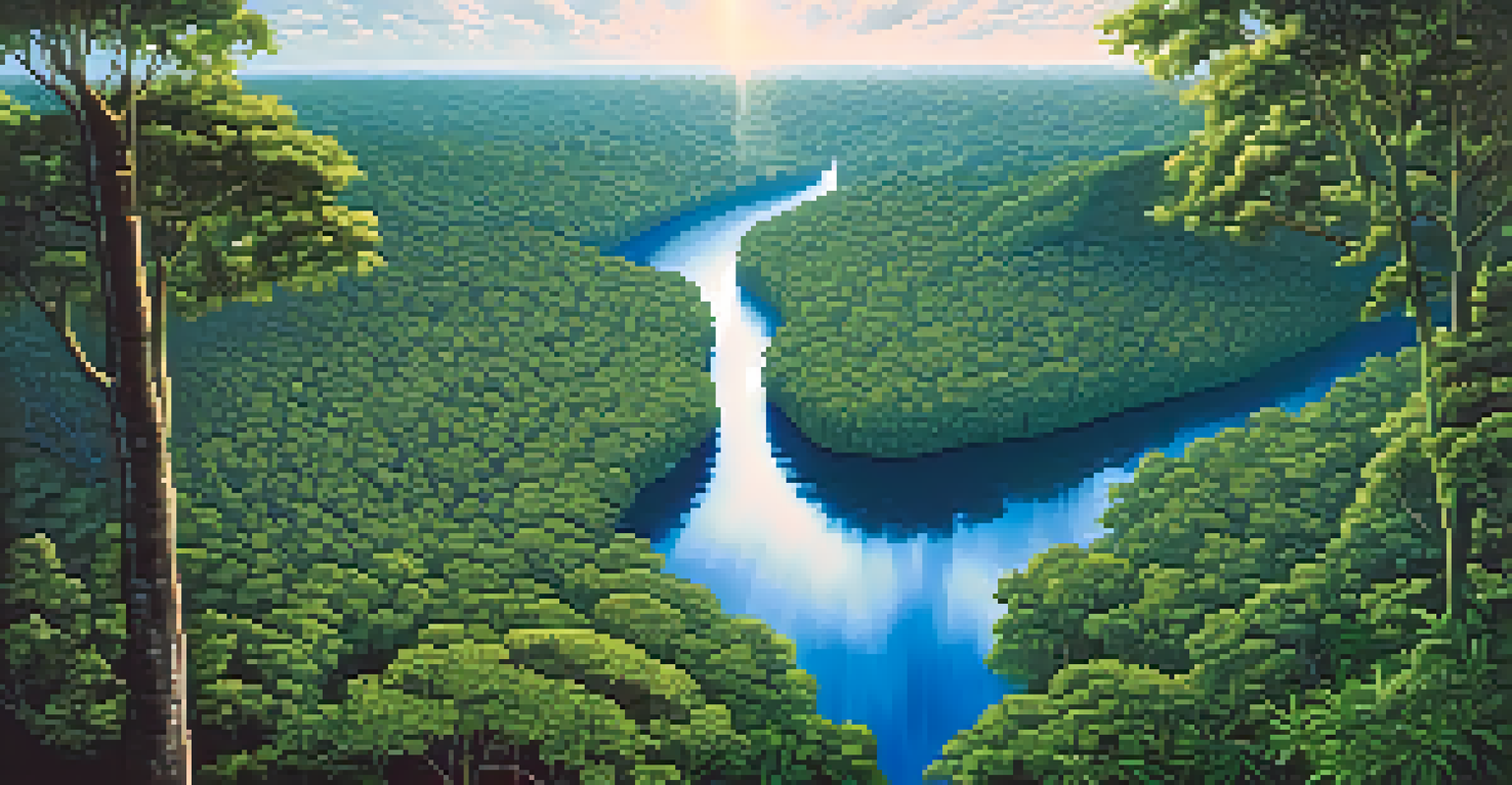 An aerial view of the Amazon rainforest, with dense green trees and a winding river, under a bright blue sky.