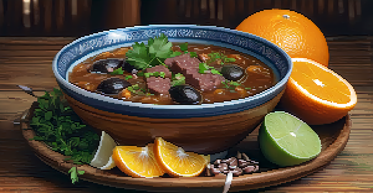 A traditional Brazilian feijoada dish in a rustic bowl, garnished with herbs and served with rice and orange slices, on a textured wooden table.