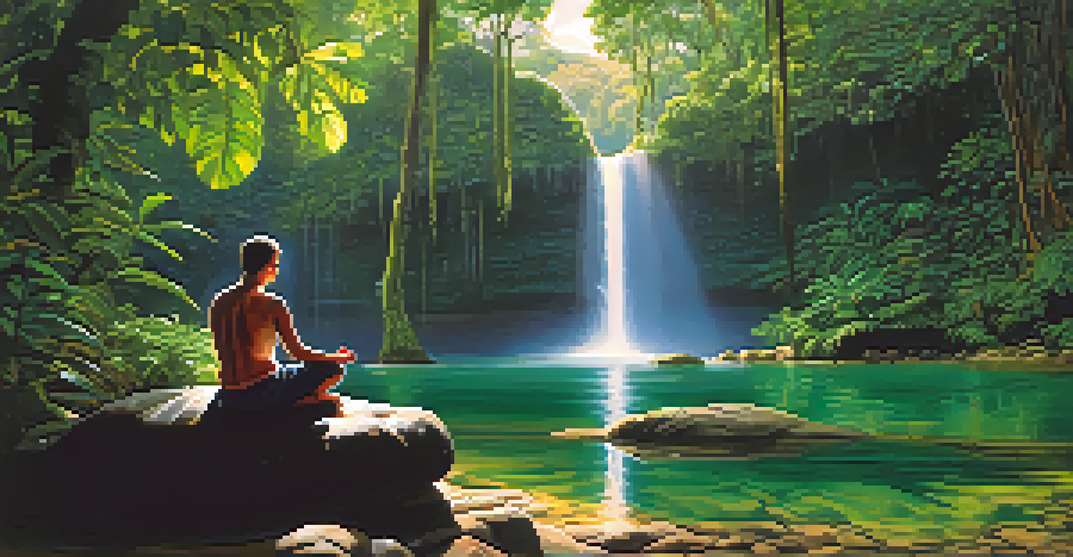 A person meditating near a waterfall in a lush rainforest, with sunlight filtering through the trees.