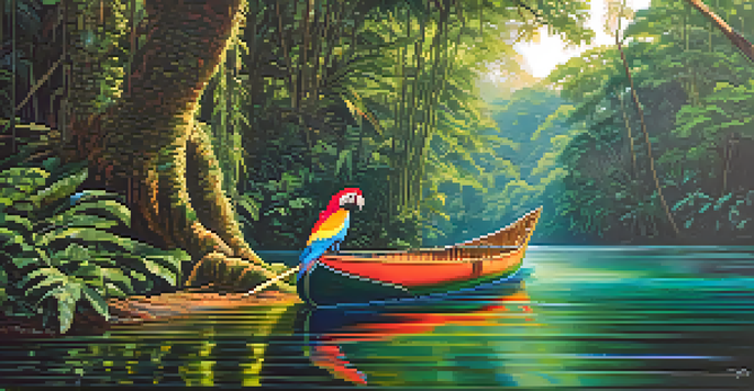 A canoe gliding through calm waters in the Amazon rainforest, surrounded by lush greenery and dappled sunlight, with a colorful macaw perched nearby.
