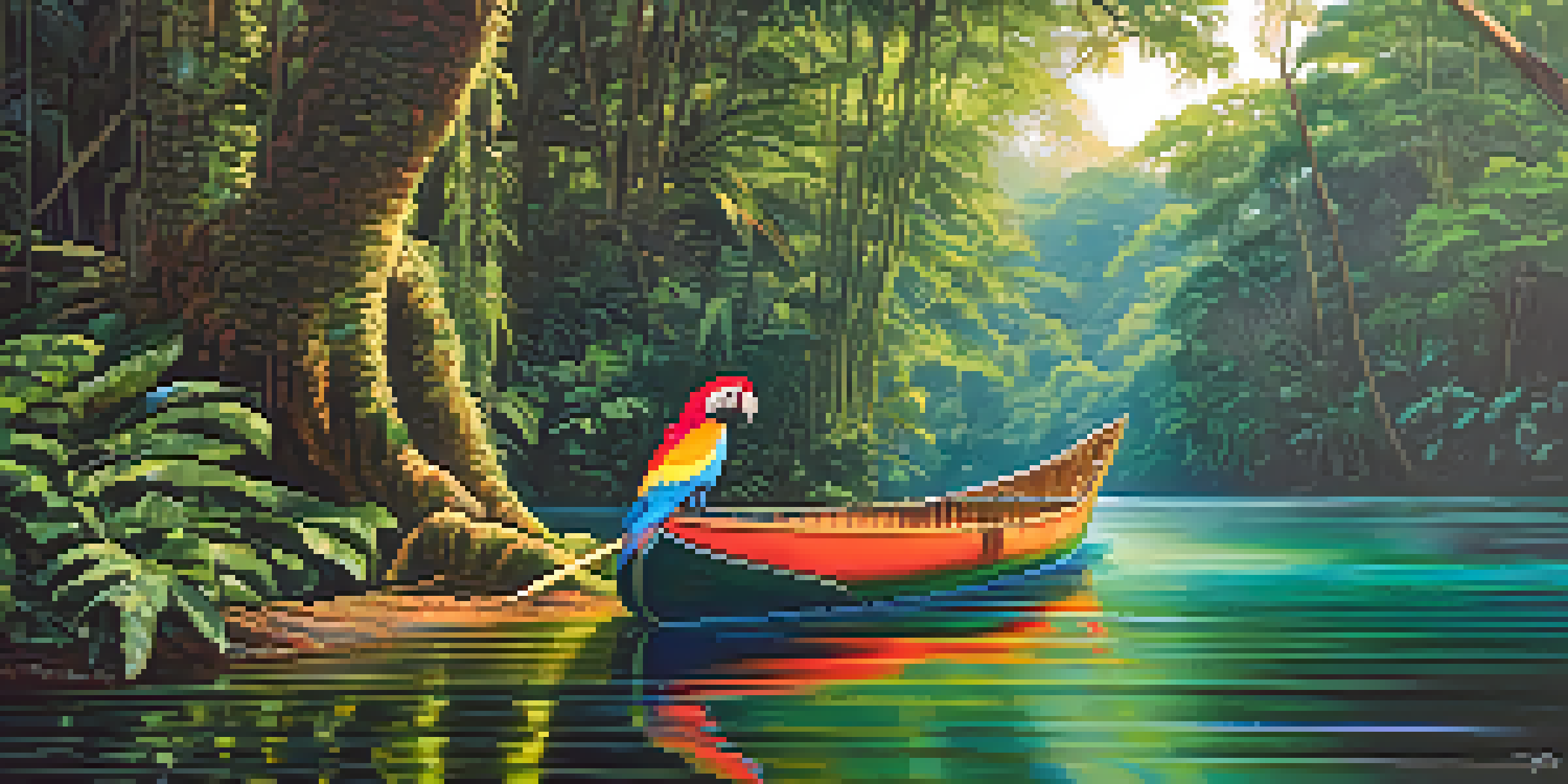 A canoe gliding through calm waters in the Amazon rainforest, surrounded by lush greenery and dappled sunlight, with a colorful macaw perched nearby.