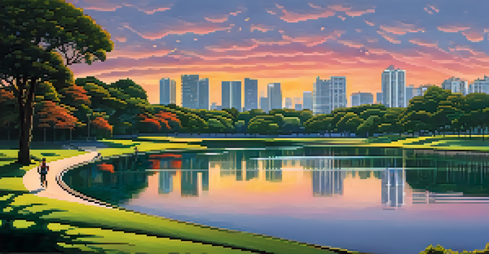 A sunset view of Ibirapuera Park, featuring joggers, families picnicking, and modernist architecture in the background.