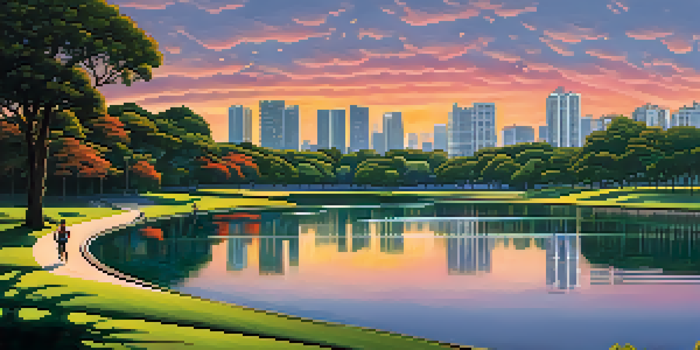 A sunset view of Ibirapuera Park, featuring joggers, families picnicking, and modernist architecture in the background.