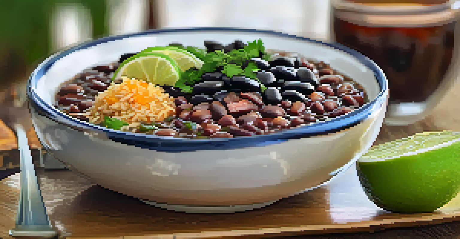 A close-up of a plate of feijoada, garnished with herbs, and a glass of caipirinha on a rustic wooden table.
