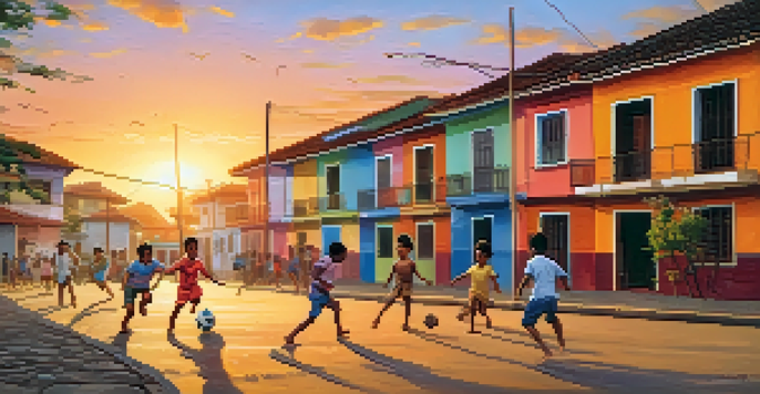 Children playing football on a street in Brazil, surrounded by colorful houses and a sunset.