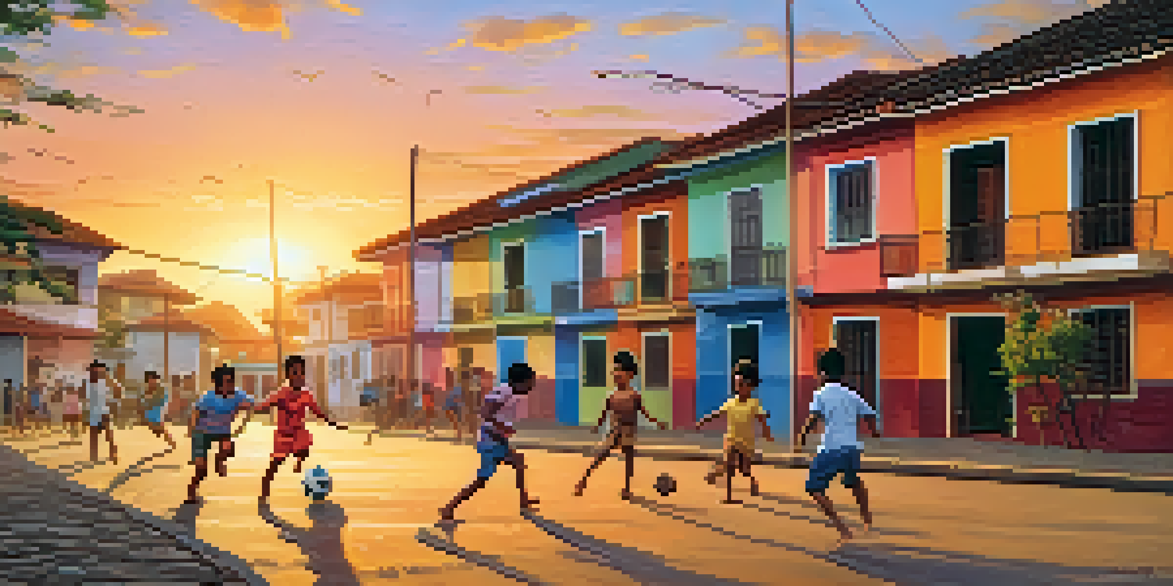 Children playing football on a street in Brazil, surrounded by colorful houses and a sunset.